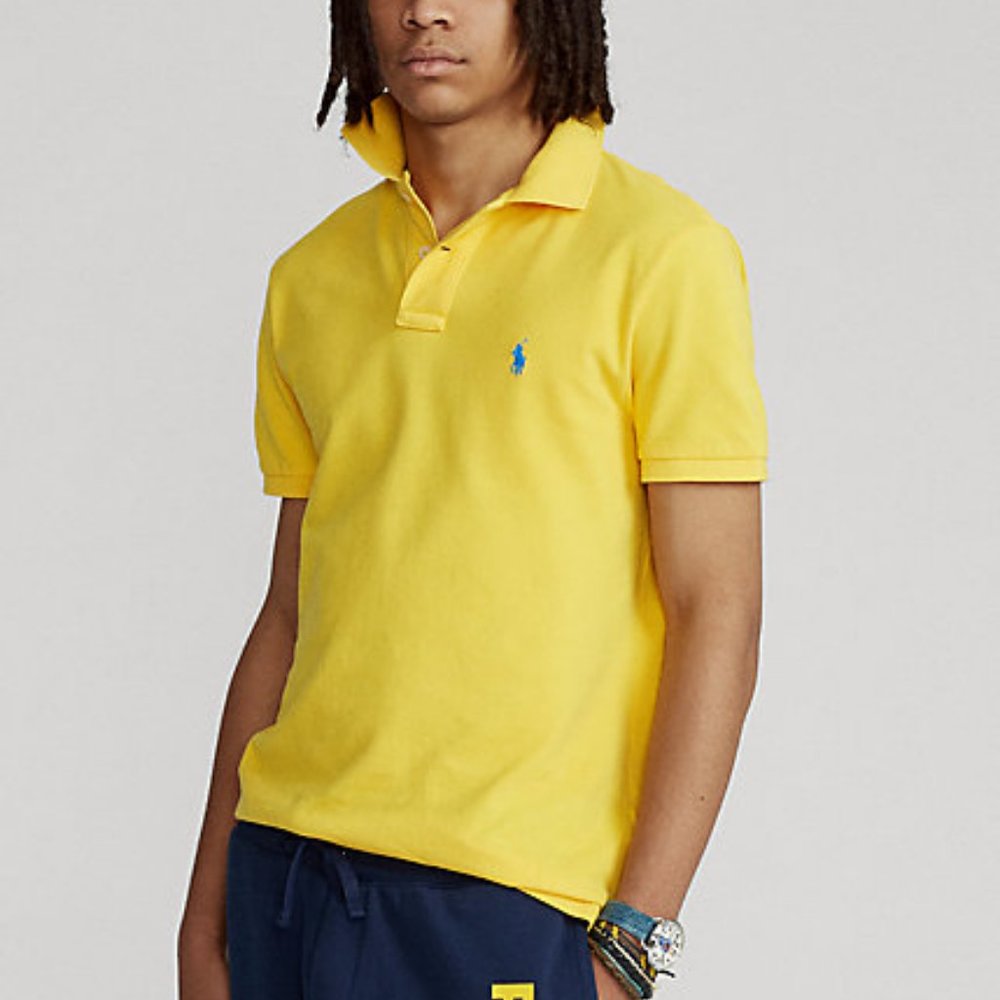 Polo Ralph Lauren Iconic Mesh Shirt Yellow Bright Blue Large Golf Classic Fit - Picture 9 of 11